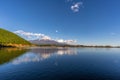 Beautiful clear sky, ducks swimming at Tanuki LakeÃ§âÂ°Ã¨Â²Â«Ã¦Â¹â. Fuji mountain reflections. Fujinomiya-shi, Japan Royalty Free Stock Photo